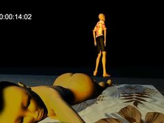 Лысый чувак трахает на пляже спящих бухих девок в секс мультике