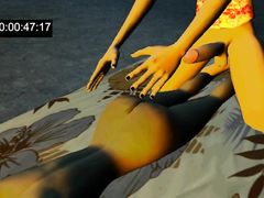 Лысый чувак трахает на пляже спящих бухих девок в секс мультике