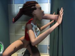 Гибкая негритянка из мультика сосет член из дырки в стене туалета